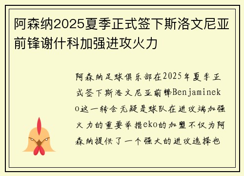 阿森纳2025夏季正式签下斯洛文尼亚前锋谢什科加强进攻火力